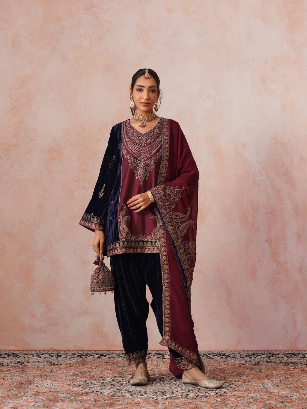 Mahveen Velvet Embroidered Suit Set with Cording Sequin Work, Salwar & Rangoli Dupatta