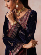 Mahveen Velvet Embroidered Suit Set with Cording Sequin Work, Salwar & Rangoli Dupatta