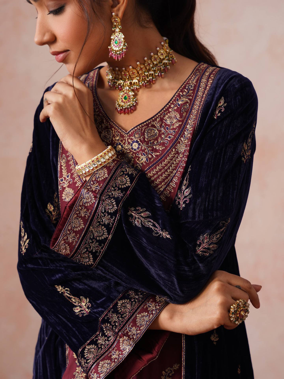 Mahveen Velvet Embroidered Suit Set with Cording Sequin Work, Salwar & Rangoli Dupatta