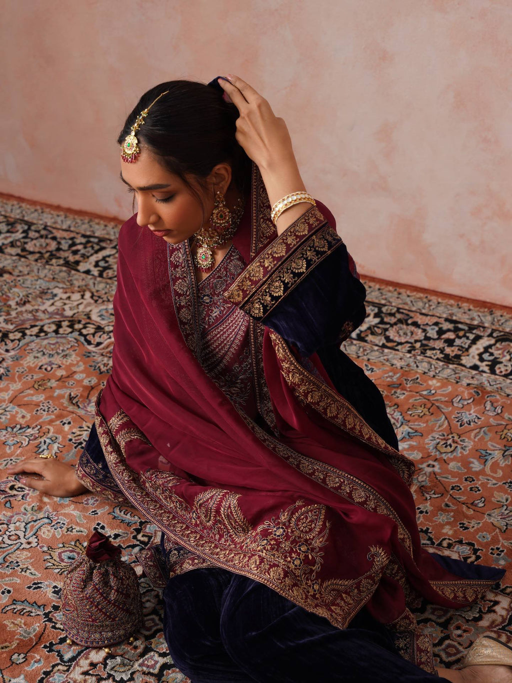 Mahveen Velvet Embroidered Suit Set with Cording Sequin Work, Salwar & Rangoli Dupatta