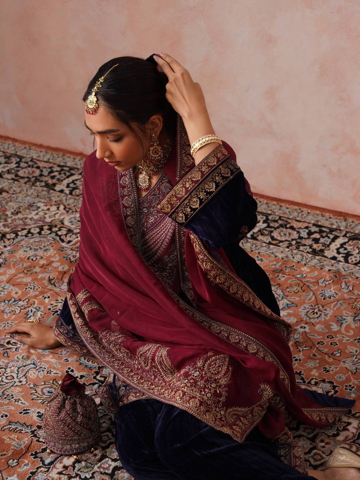Mahveen Velvet Embroidered Suit Set with Cording Sequin Work, Salwar & Rangoli Dupatta