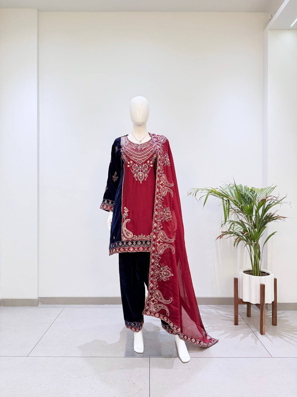 Mahveen Velvet Embroidered Suit Set with Cording Sequin Work, Salwar & Rangoli Dupatta