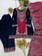Mahveen Velvet Embroidered Suit Set with Cording Sequin Work, Salwar & Rangoli Dupatta