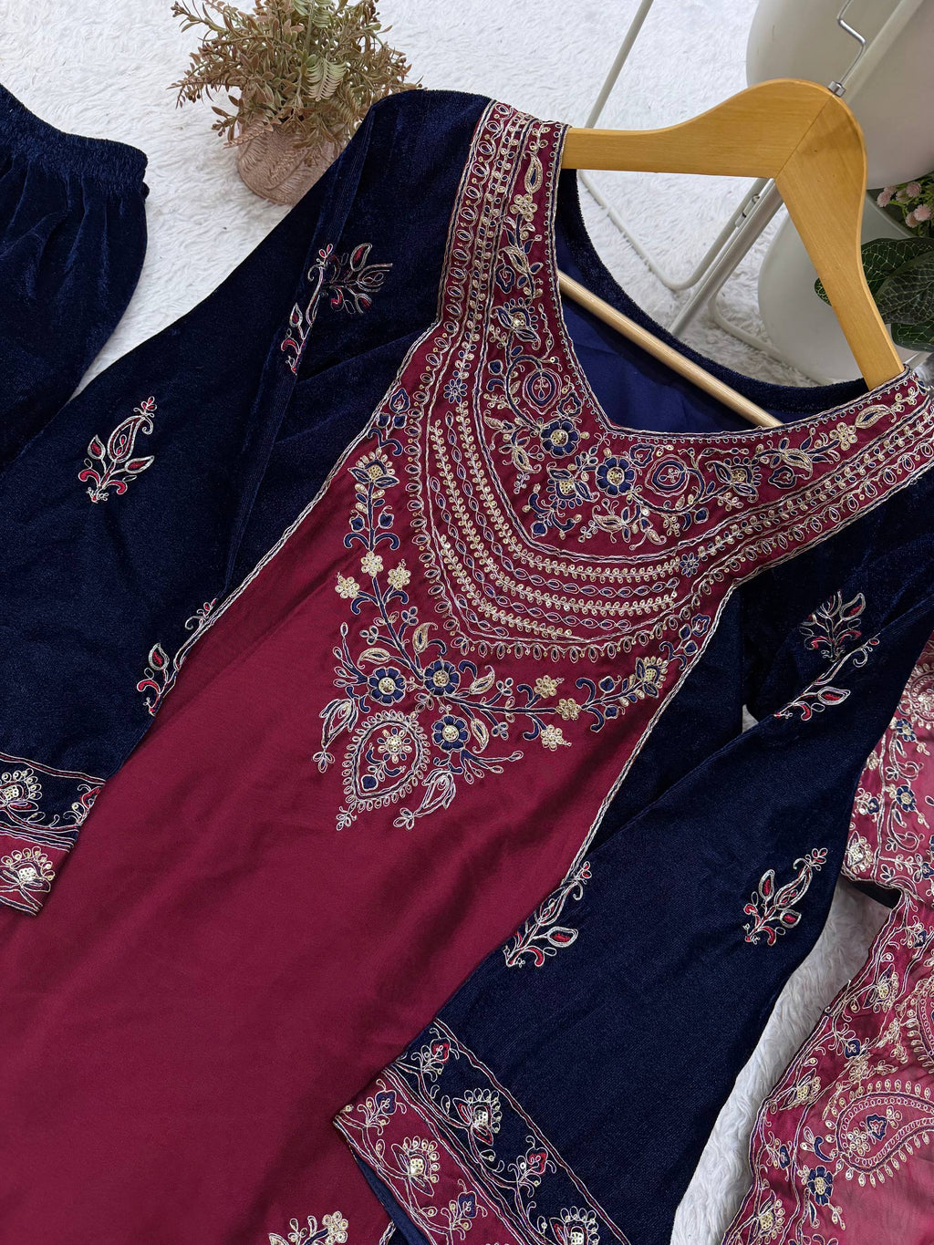 Mahveen Velvet Embroidered Suit Set with Cording Sequin Work, Salwar & Rangoli Dupatta