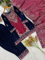 Mahveen Velvet Embroidered Suit Set with Cording Sequin Work, Salwar & Rangoli Dupatta
