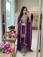 Nayomi NC Satin Silk Rivet Moti Sequins Embroidered Sharara Suit with Dupatta