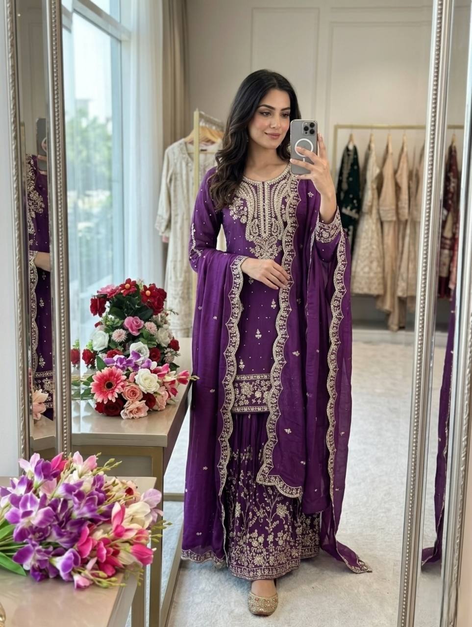 Nayomi NC Satin Silk Rivet Moti Sequins Embroidered Sharara Suit with Dupatta