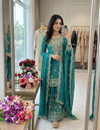 Nayomi NC Satin Silk Rivet Moti Sequins Embroidered Sharara Suit with Dupatta