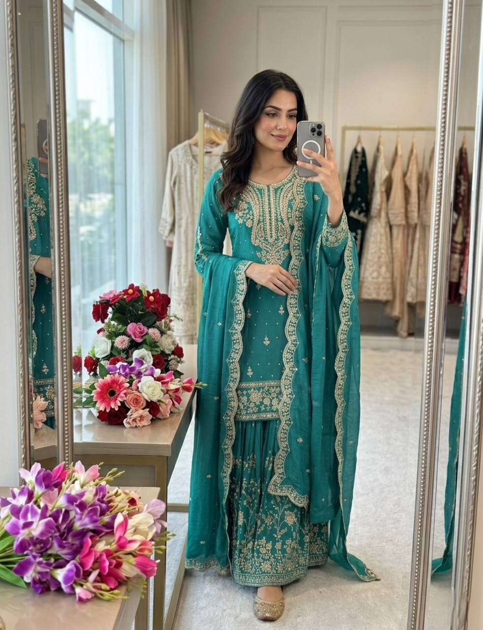 Nayomi NC Satin Silk Rivet Moti Sequins Embroidered Sharara Suit with Dupatta