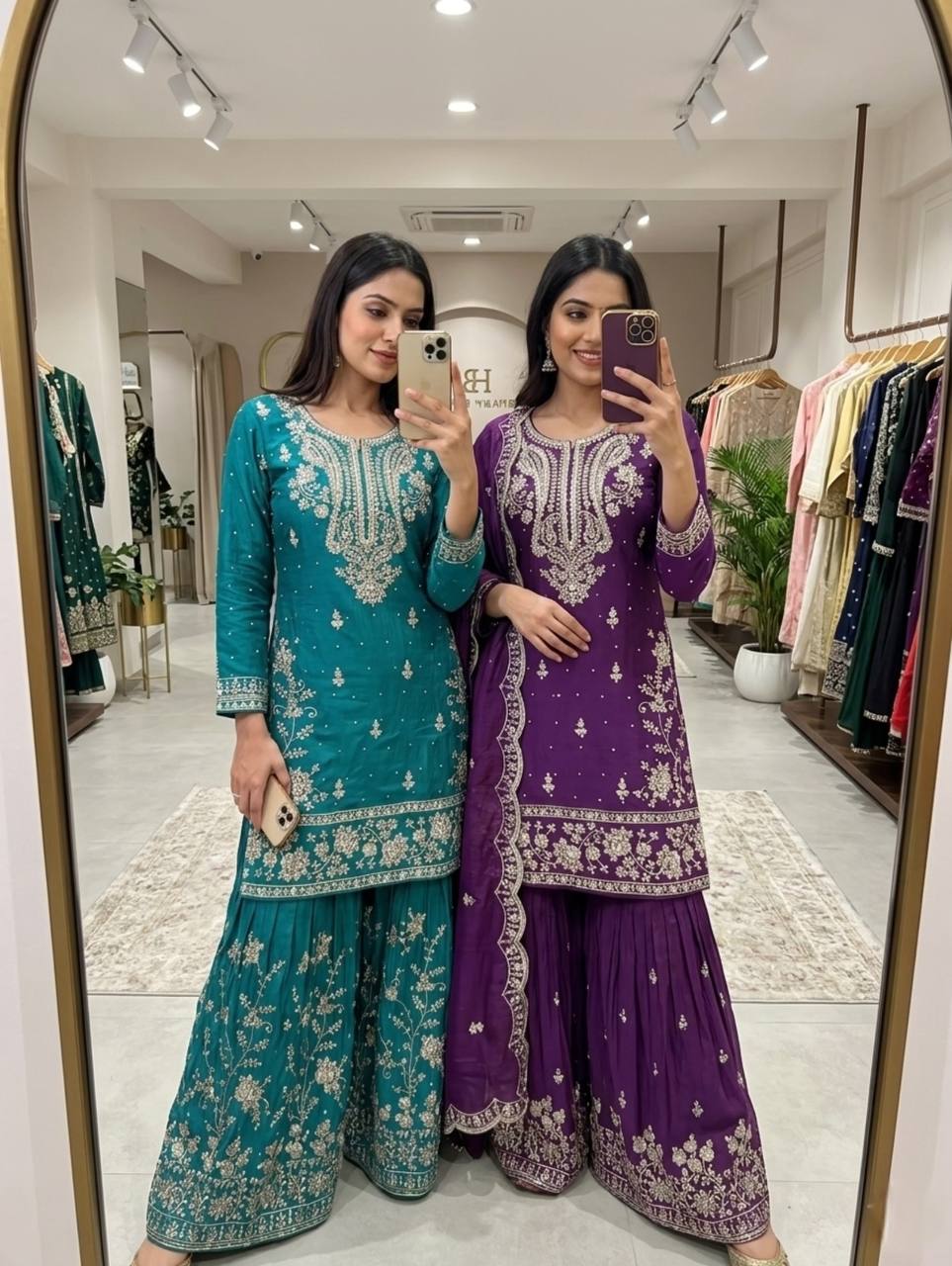 Nayomi NC Satin Silk Rivet Moti Sequins Embroidered Sharara Suit with Dupatta