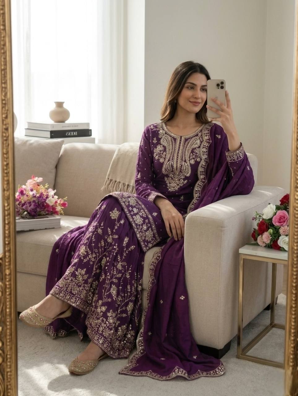 Nayomi NC Satin Silk Rivet Moti Sequins Embroidered Sharara Suit with Dupatta