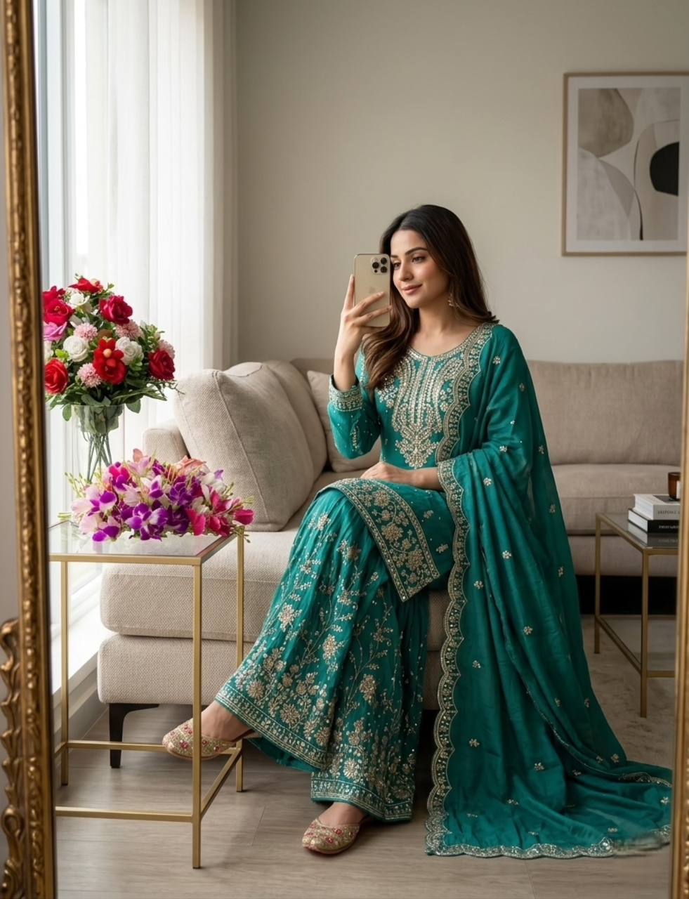 Nayomi NC Satin Silk Rivet Moti Sequins Embroidered Sharara Suit with Dupatta