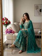 Nayomi NC Satin Silk Rivet Moti Sequins Embroidered Sharara Suit with Dupatta