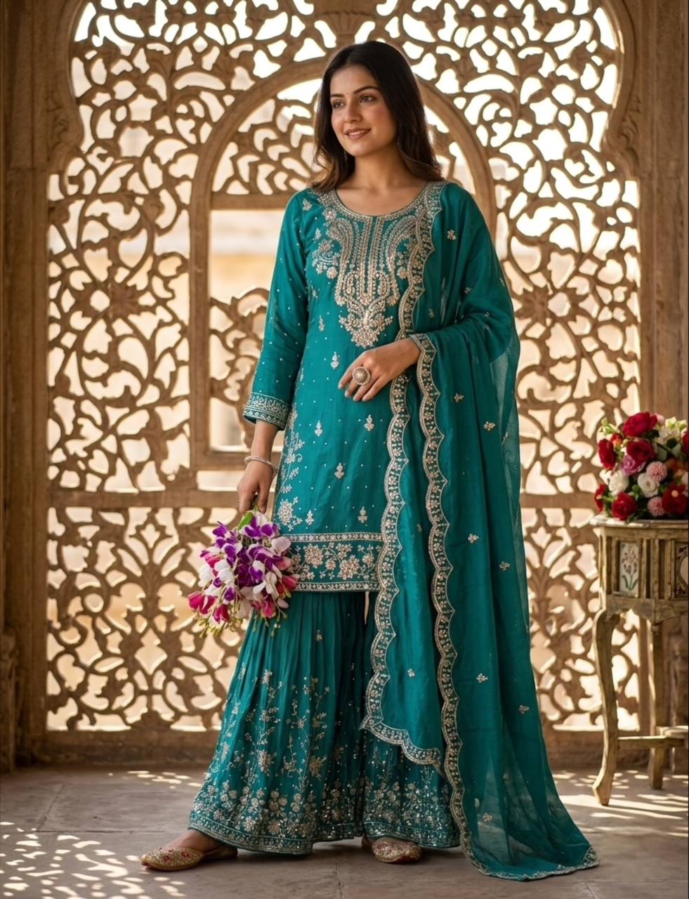 Nayomi NC Satin Silk Rivet Moti Sequins Embroidered Sharara Suit with Dupatta