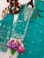 Nayomi NC Satin Silk Rivet Moti Sequins Embroidered Sharara Suit with Dupatta