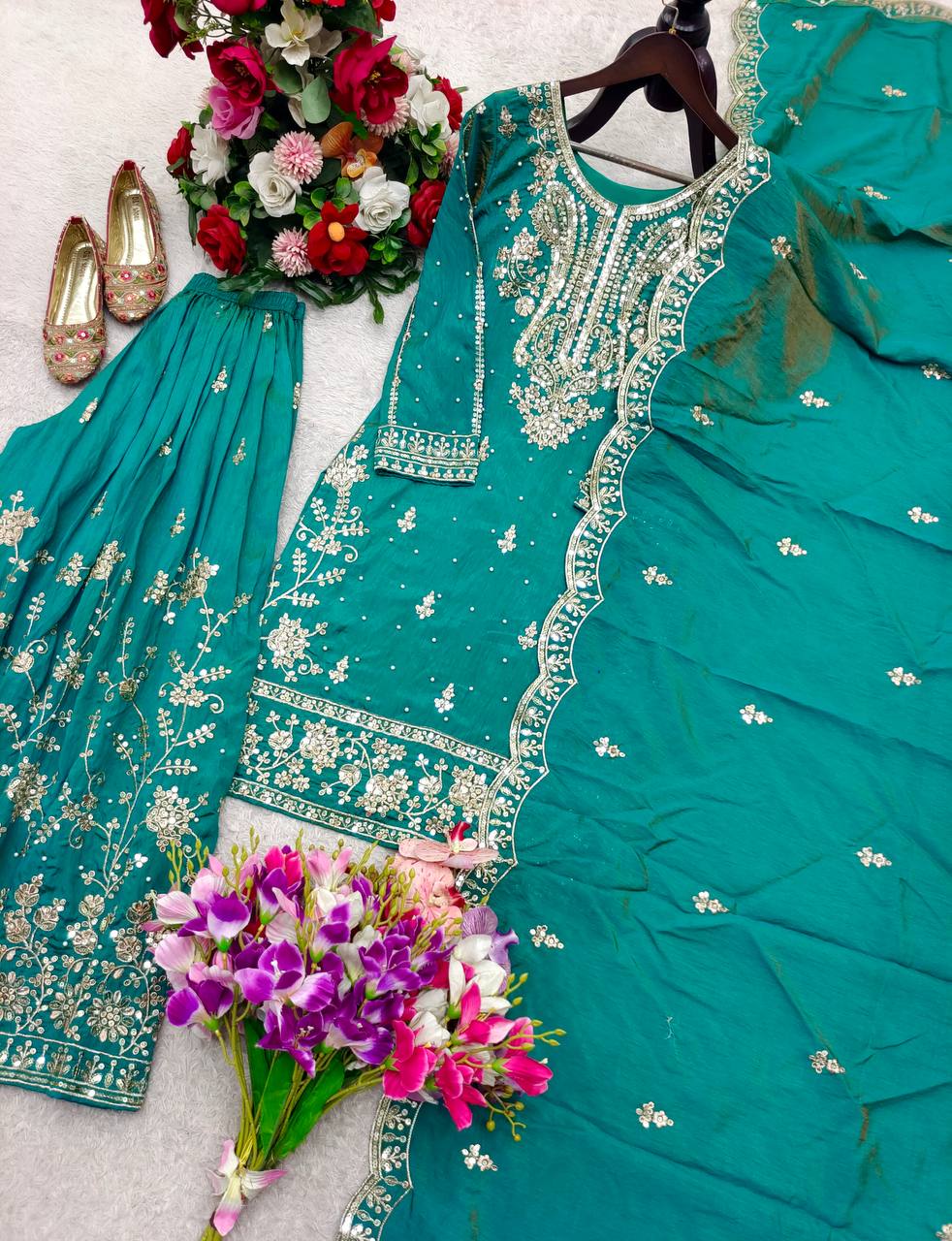 Nayomi NC Satin Silk Rivet Moti Sequins Embroidered Sharara Suit with Dupatta