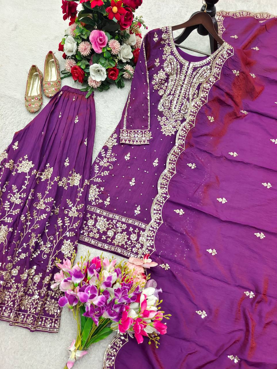Nayomi NC Satin Silk Rivet Moti Sequins Embroidered Sharara Suit with Dupatta