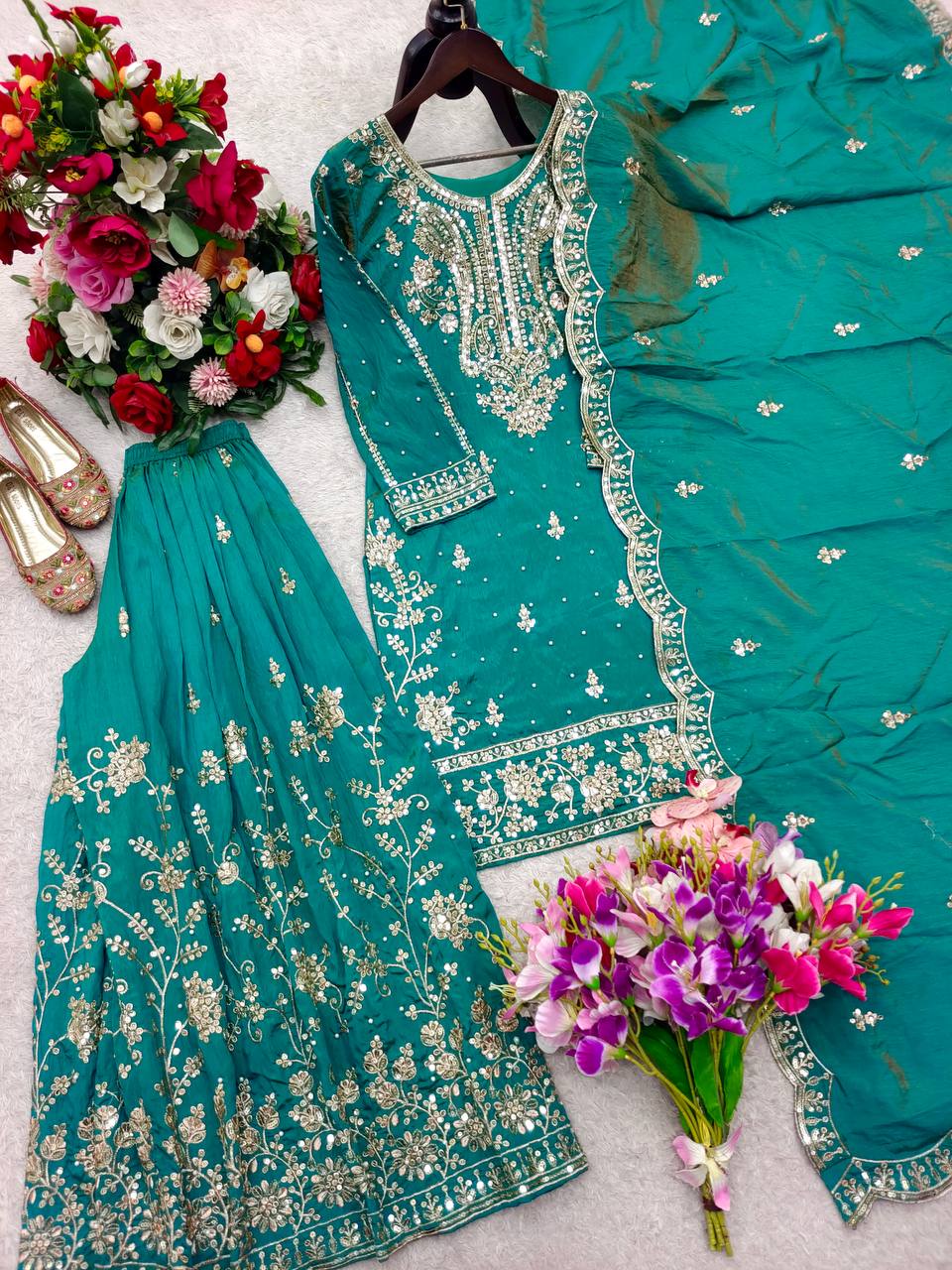 Nayomi NC Satin Silk Rivet Moti Sequins Embroidered Sharara Suit with Dupatta
