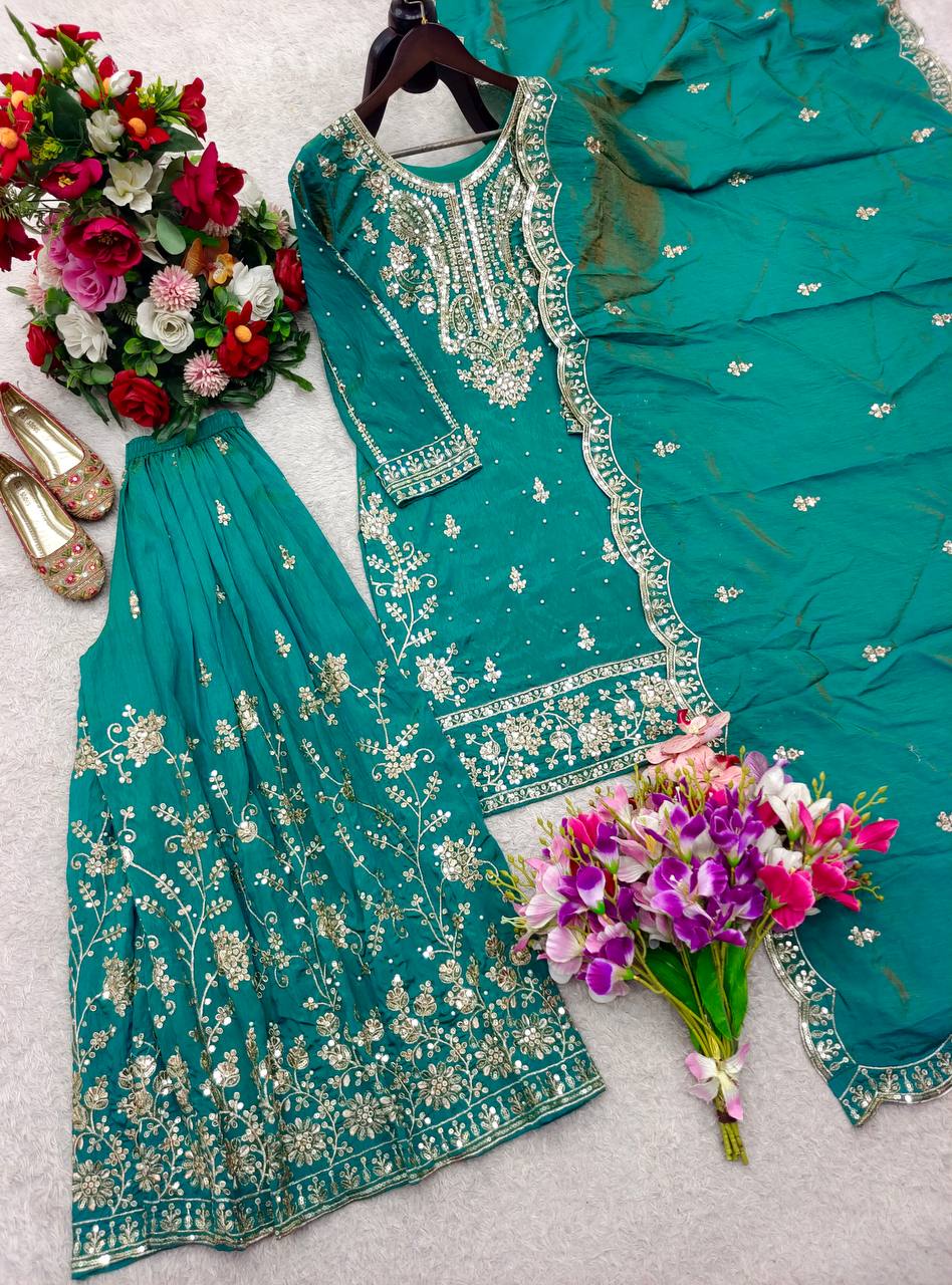 Nayomi NC Satin Silk Rivet Moti Sequins Embroidered Sharara Suit with Dupatta