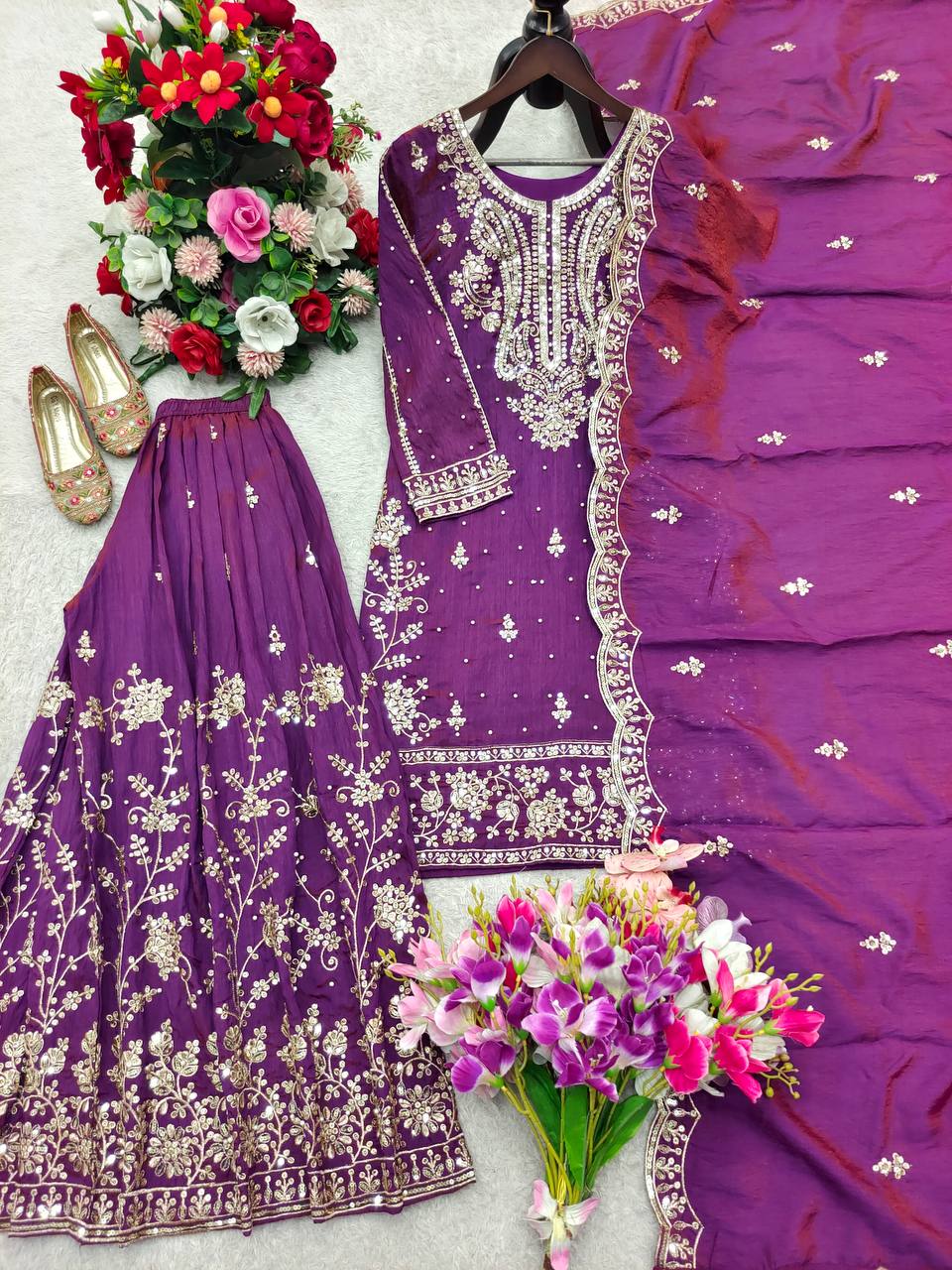 Nayomi NC Satin Silk Rivet Moti Sequins Embroidered Sharara Suit with Dupatta