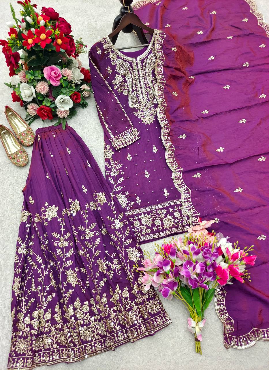 Nayomi NC Satin Silk Rivet Moti Sequins Embroidered Sharara Suit with Dupatta