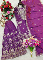 Nayomi NC Satin Silk Rivet Moti Sequins Embroidered Sharara Suit with Dupatta