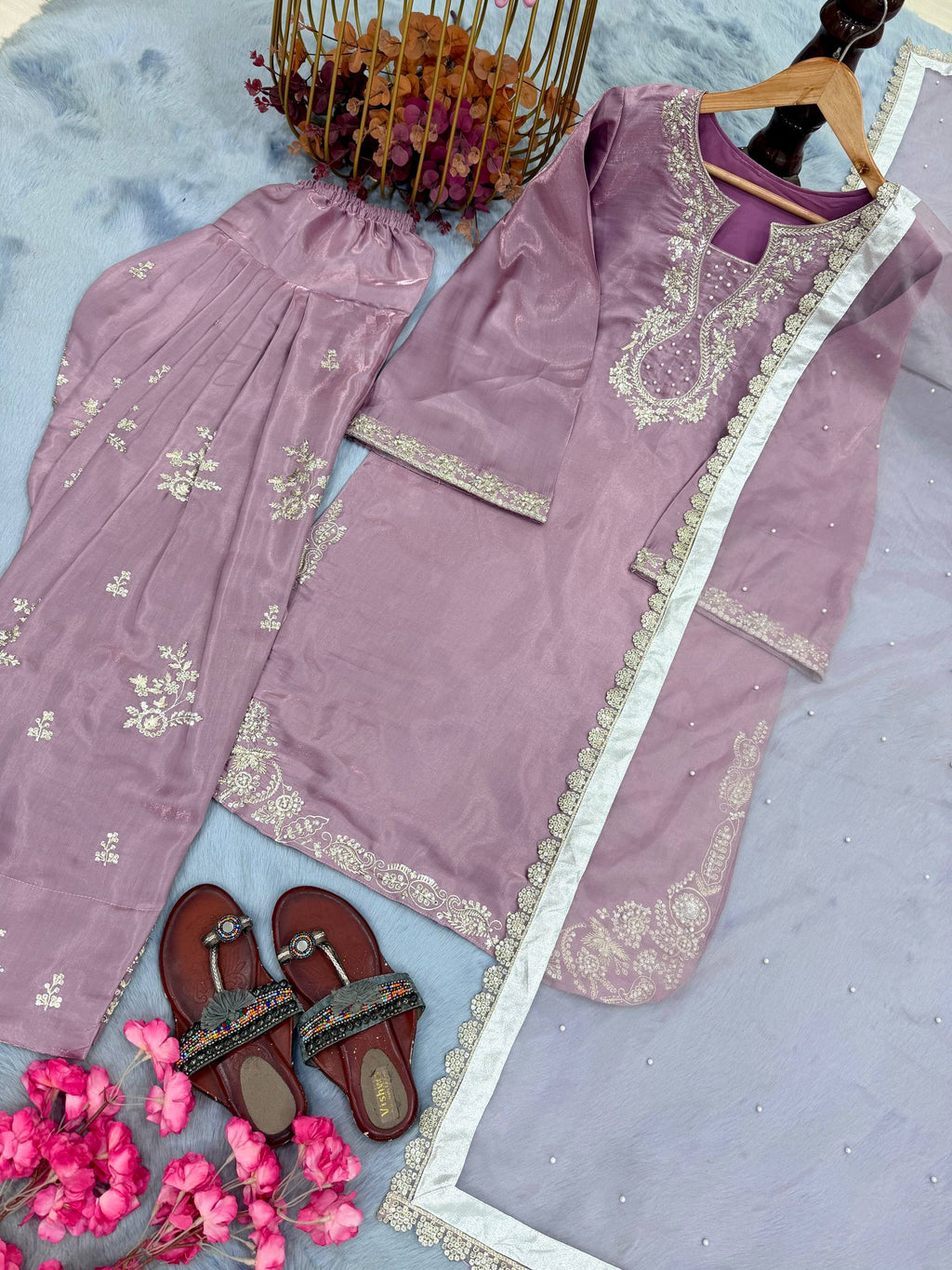 Aarunya Roman Glass Silk Rivet Moti Embroidered Farshi Palazzo Suit with Organza Dupatta