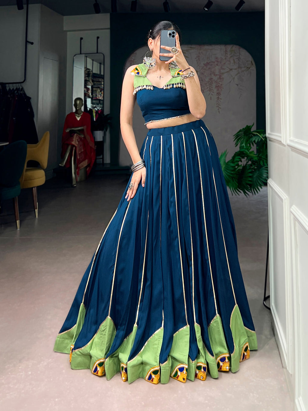Aaradhya Rayon Gamthi Work & Mirror Embellished Navratri Lehenga Choli