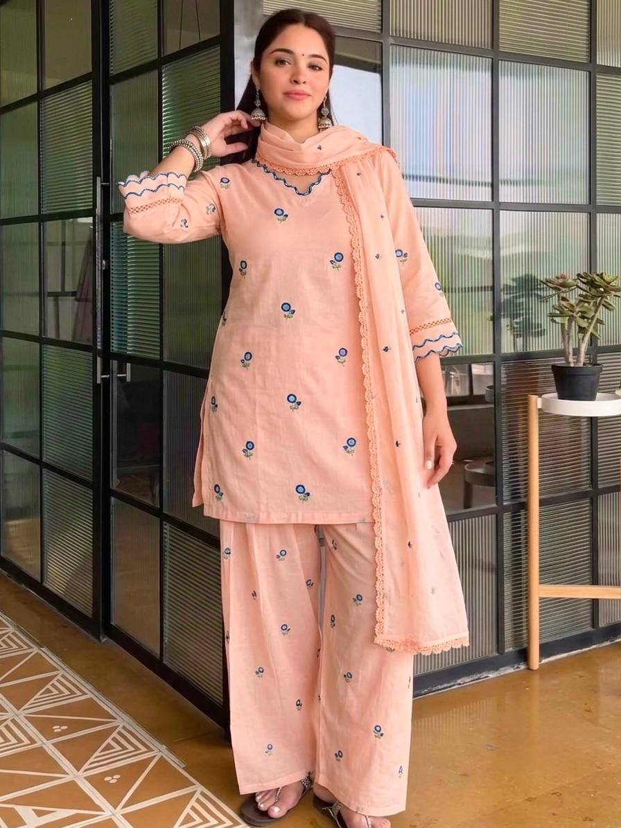 Saanvika Satin Mul Chanderi Embroidered Farshi Palazzo Suit with Dupatta