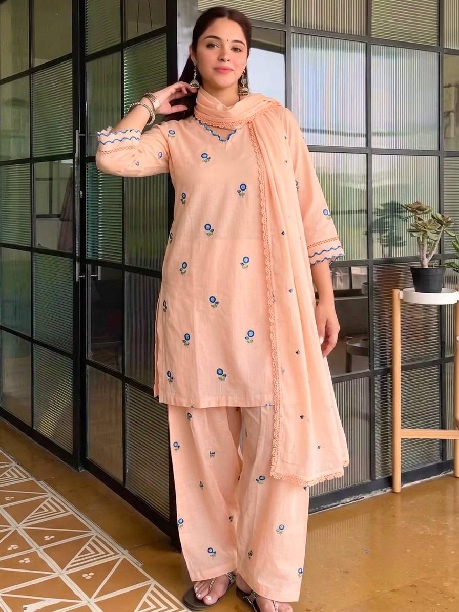Saanvika Satin Mul Chanderi Embroidered Farshi Palazzo Suit with Dupatta