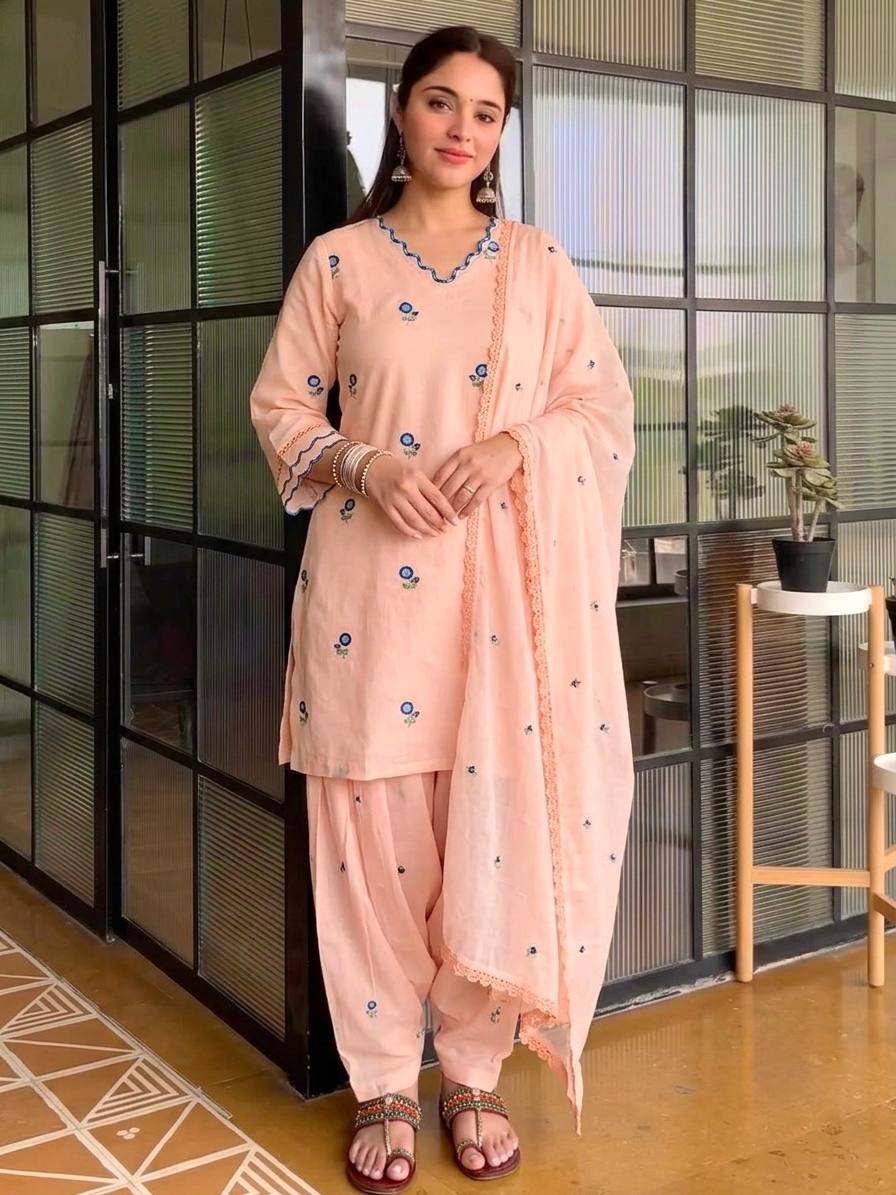 Saanvika Satin Mul Chanderi Embroidered Farshi Palazzo Suit with Dupatta