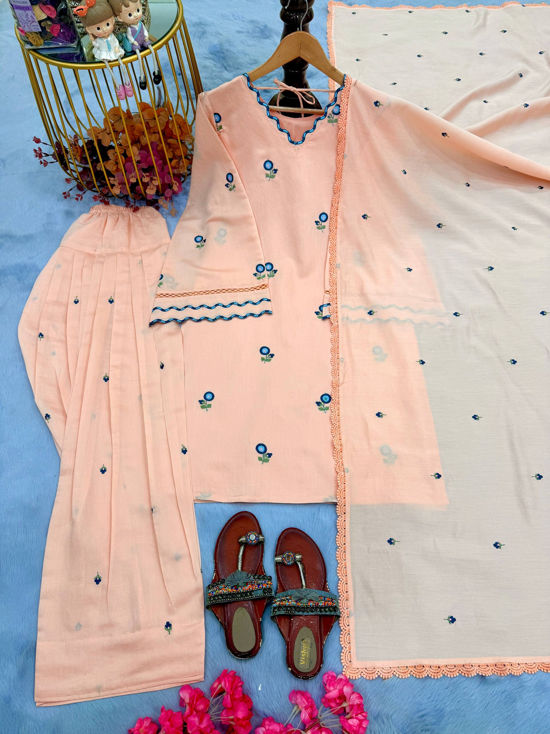 Saanvika Satin Mul Chanderi Embroidered Farshi Palazzo Suit with Dupatta