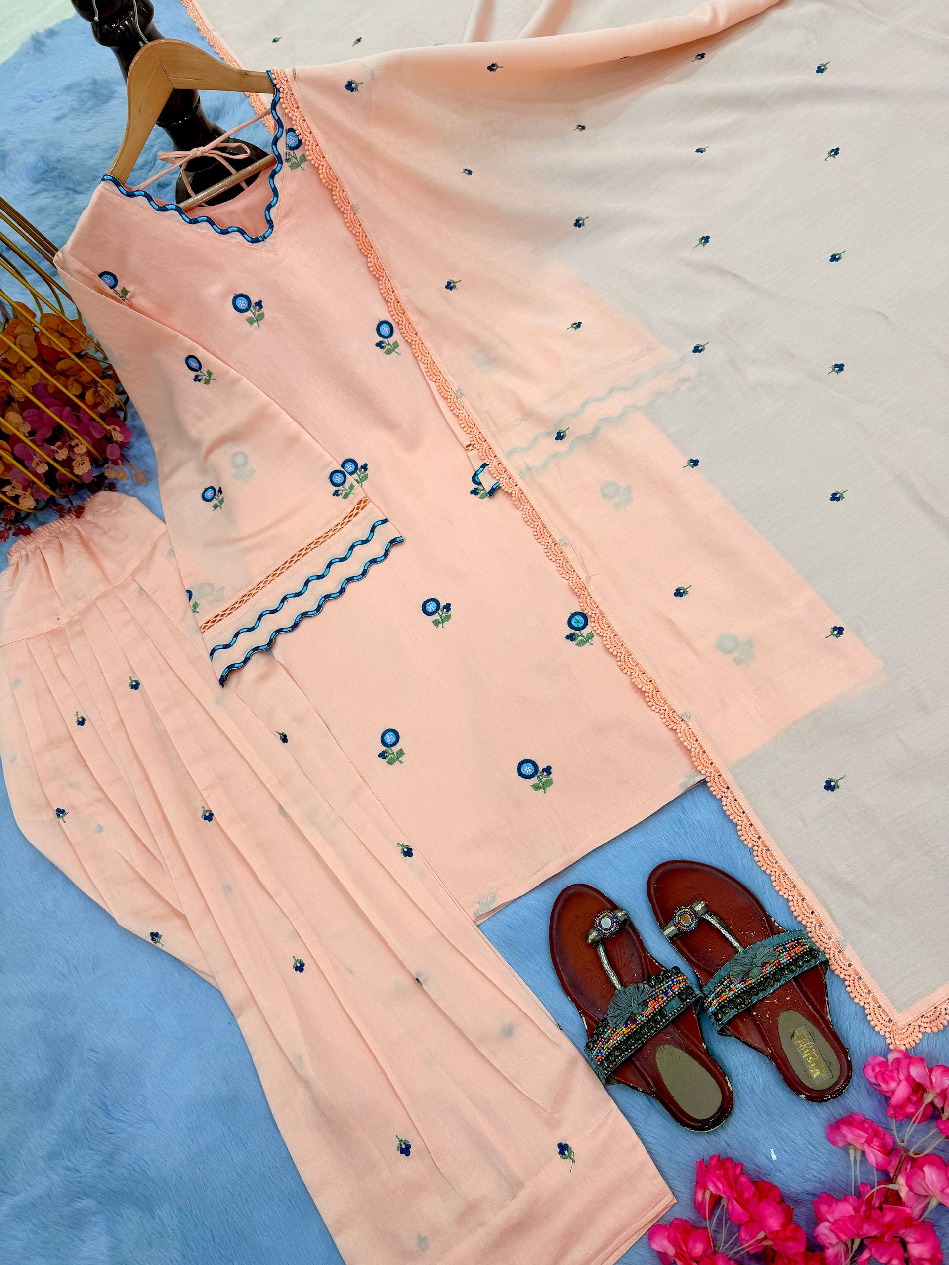 Saanvika Satin Mul Chanderi Embroidered Farshi Palazzo Suit with Dupatta