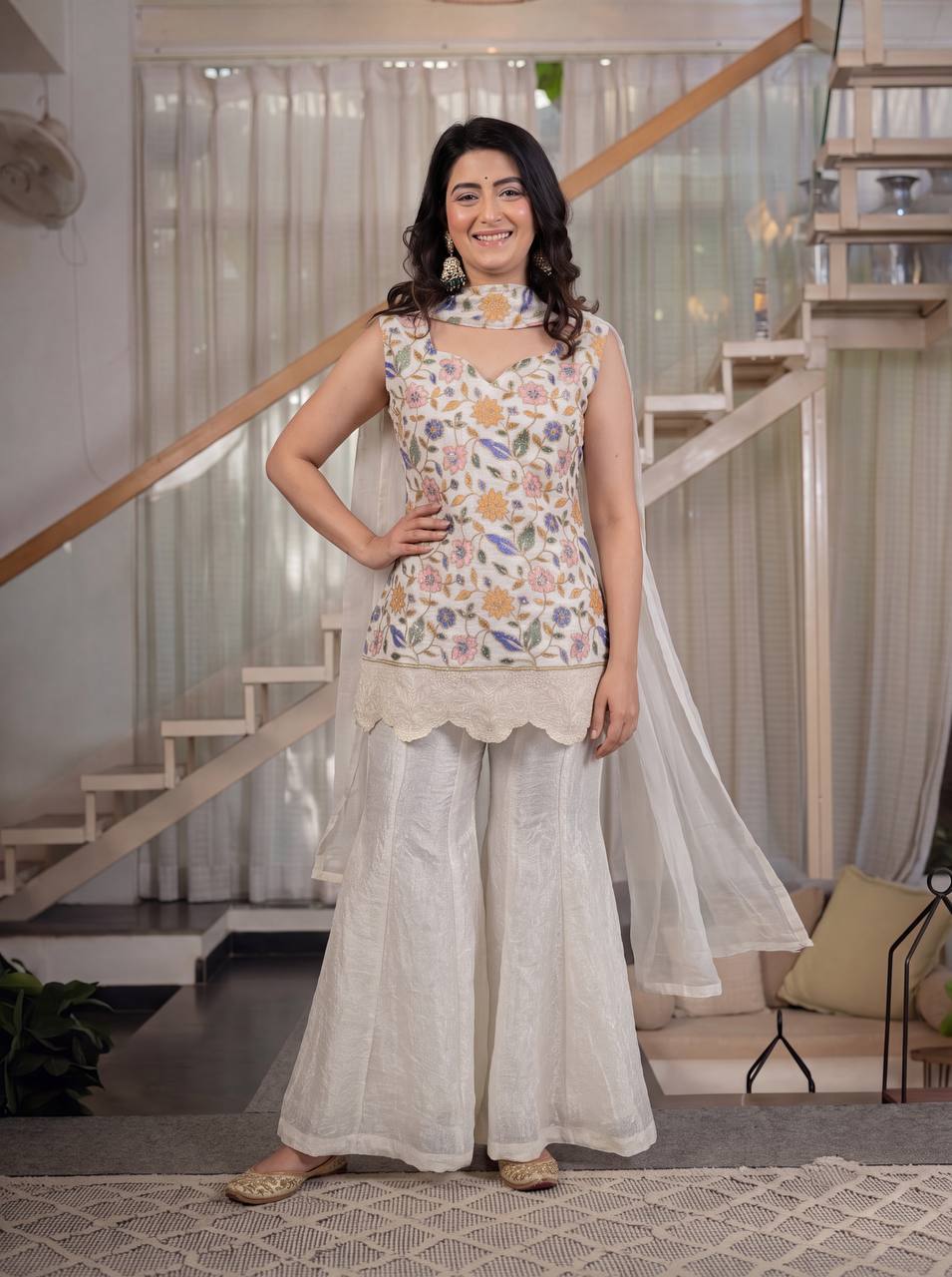 Eshira Heavy Fendi Crush Embroidered Sharara Palazzo Set with Matching Dupatta