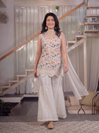 Eshira Heavy Fendi Crush Embroidered Sharara Palazzo Set with Matching Dupatta