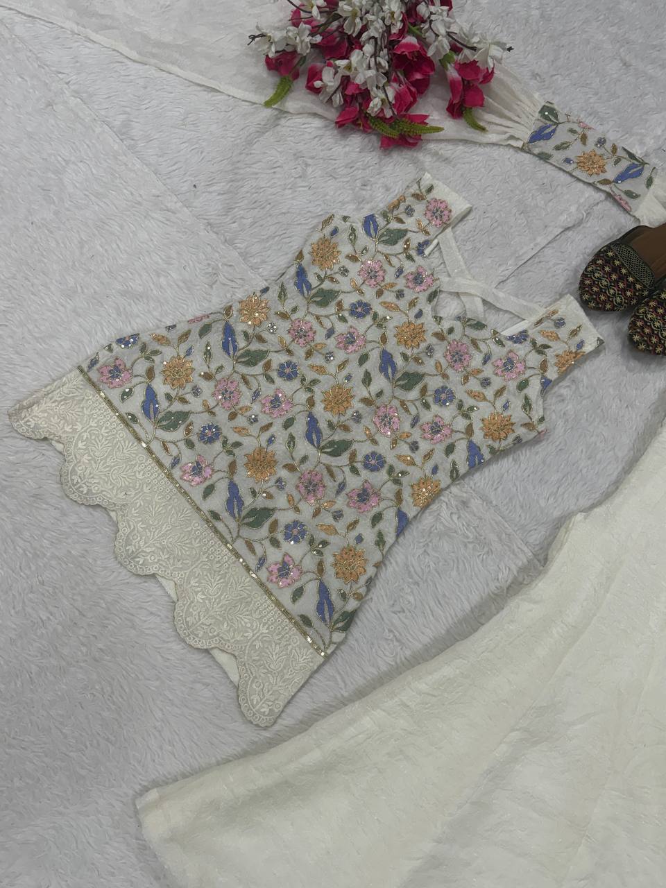 Eshira Heavy Fendi Crush Embroidered Sharara Palazzo Set with Matching Dupatta