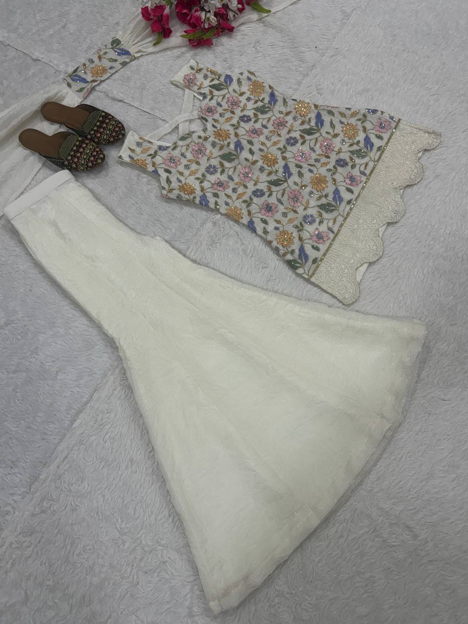 Eshira Heavy Fendi Crush Embroidered Sharara Palazzo Set with Matching Dupatta