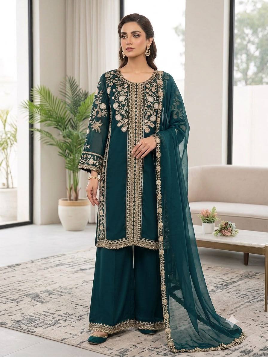 Ira Roman Sequins Embroidered Palazzo Suit with Soft Organza Dupatta