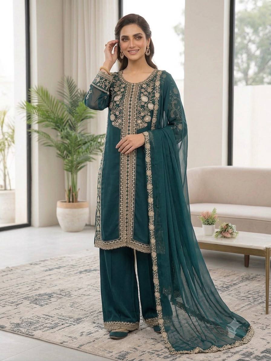 Ira Roman Sequins Embroidered Palazzo Suit with Soft Organza Dupatta