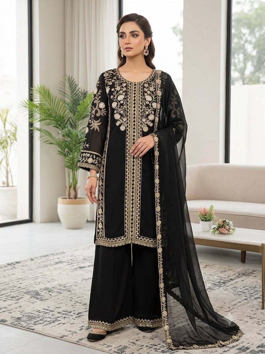 Ira Roman Sequins Embroidered Palazzo Suit with Soft Organza Dupatta