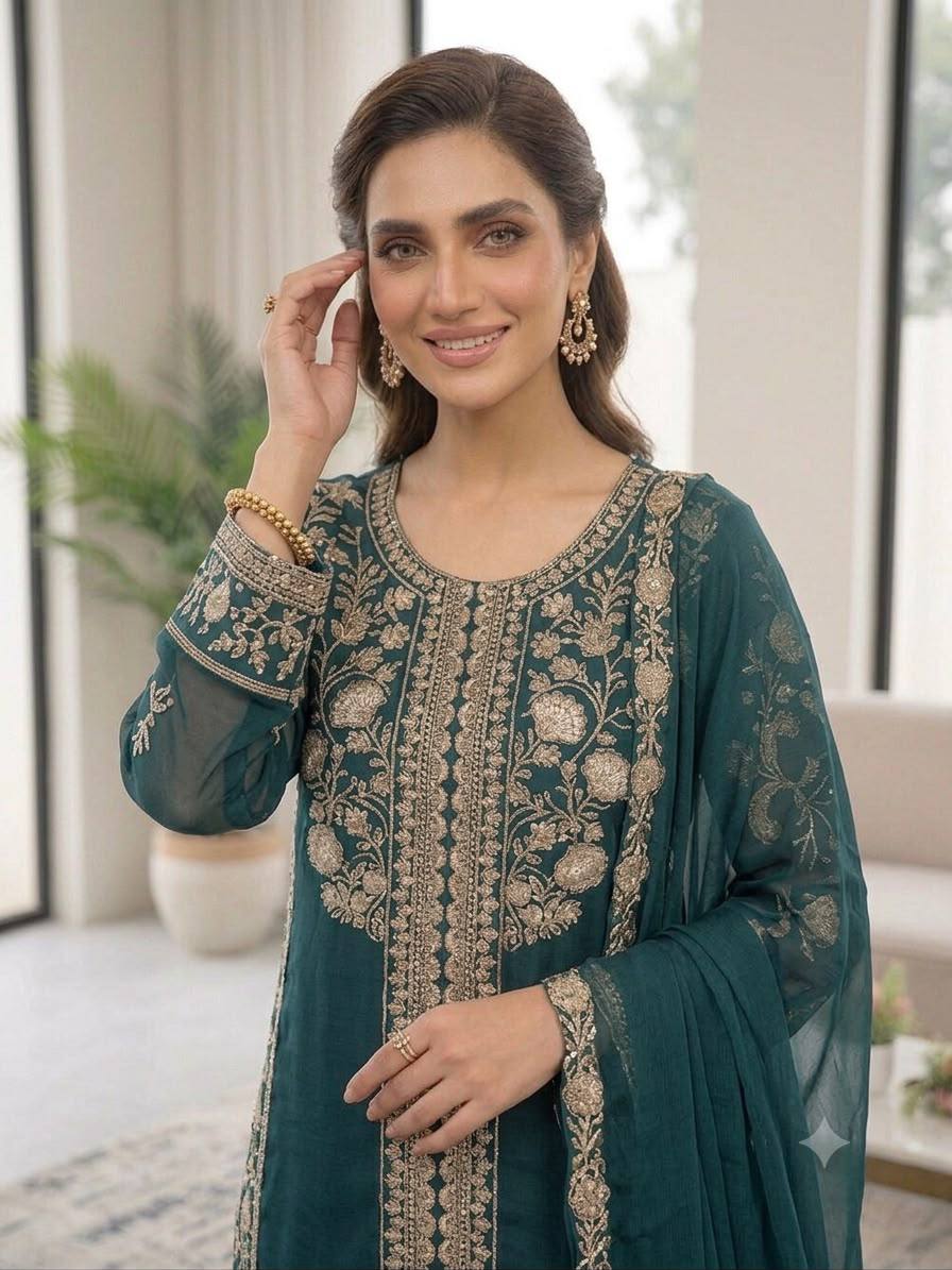 Ira Roman Sequins Embroidered Palazzo Suit with Soft Organza Dupatta