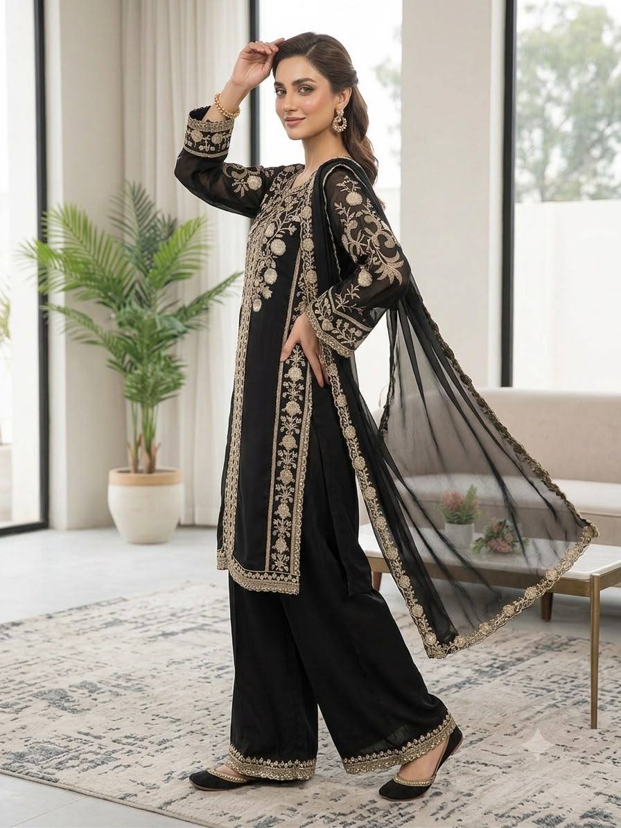 Ira Roman Sequins Embroidered Palazzo Suit with Soft Organza Dupatta