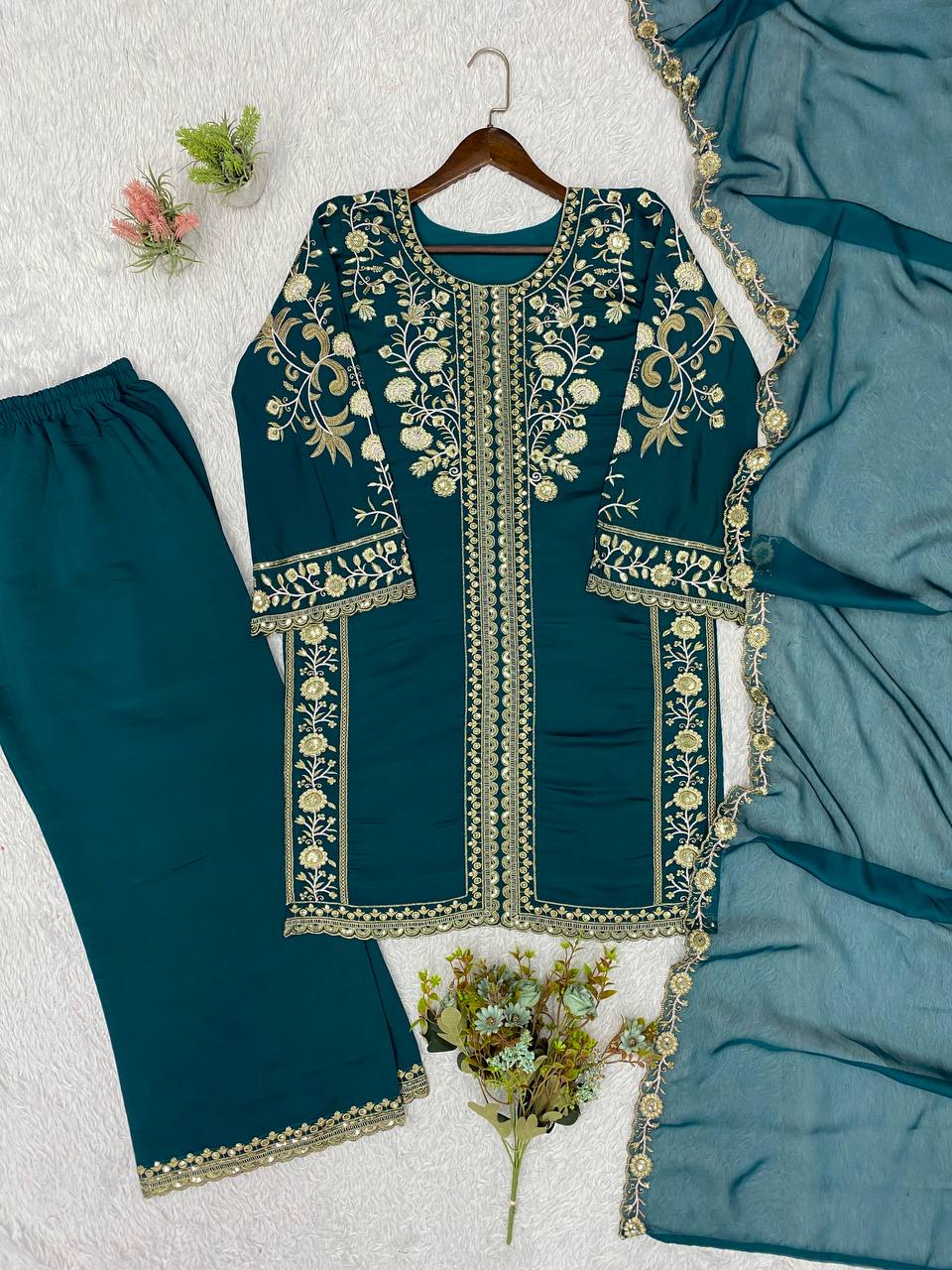 Ira Roman Sequins Embroidered Palazzo Suit with Soft Organza Dupatta