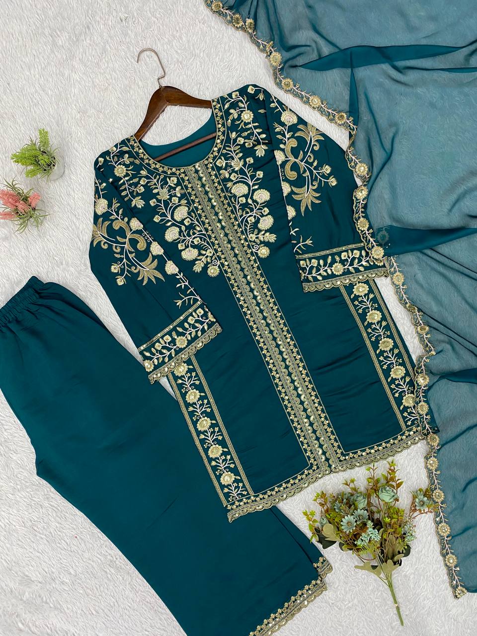 Ira Roman Sequins Embroidered Palazzo Suit with Soft Organza Dupatta