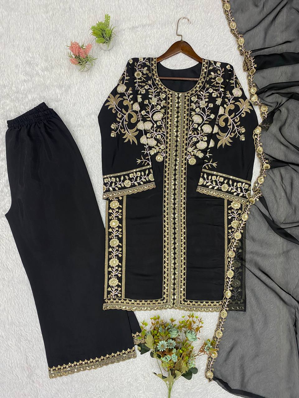 Ira Roman Sequins Embroidered Palazzo Suit with Soft Organza Dupatta