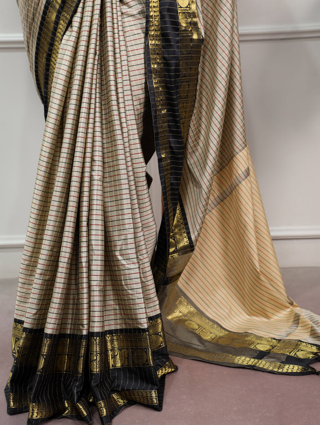 Sharvika Silk Checks Pattern Saree with Ornate Zari Border