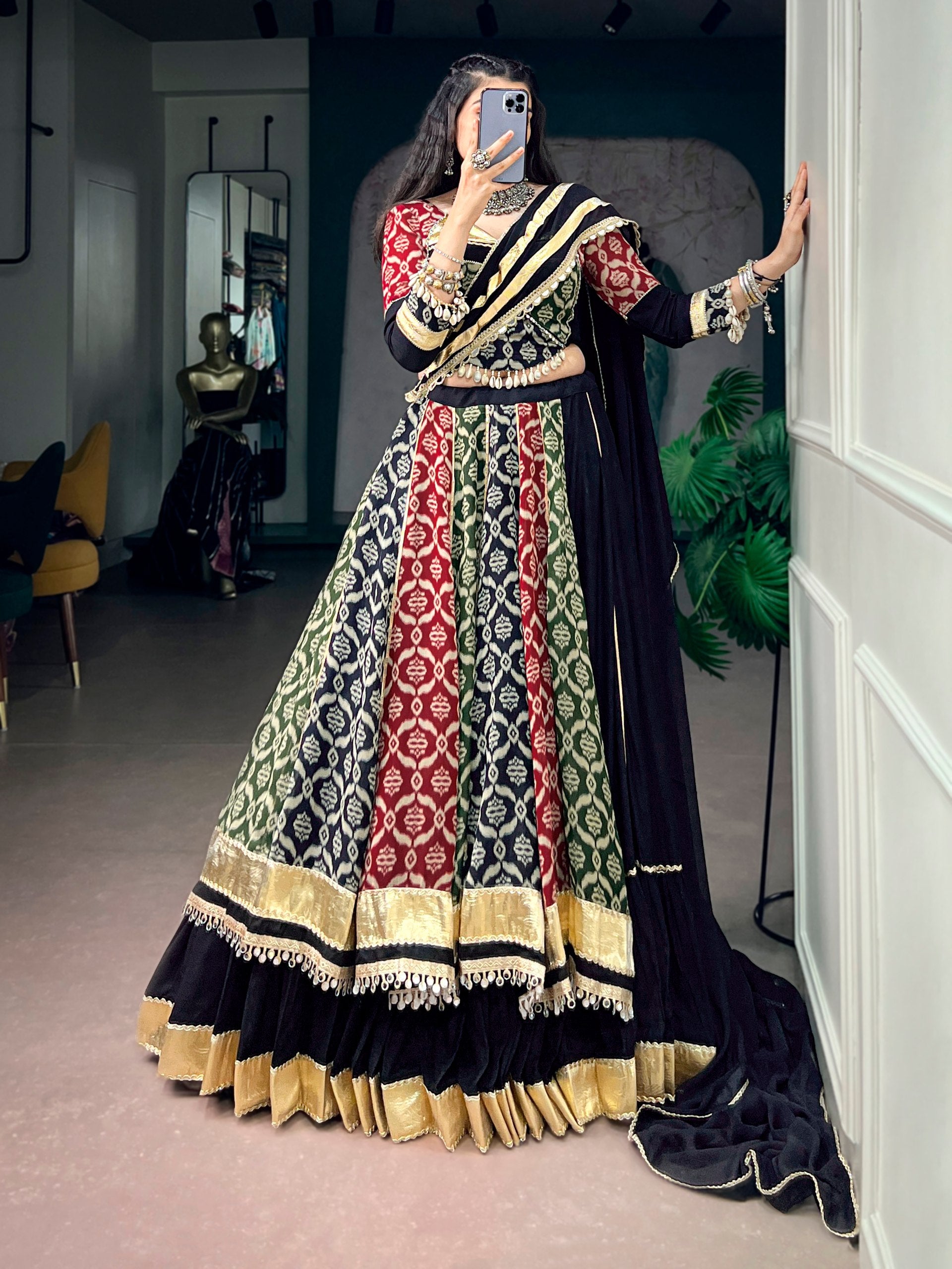 Zarvika Rayon Gamthi Work Gota Patti & Mirror Embellished Navratri Lehenga Choli