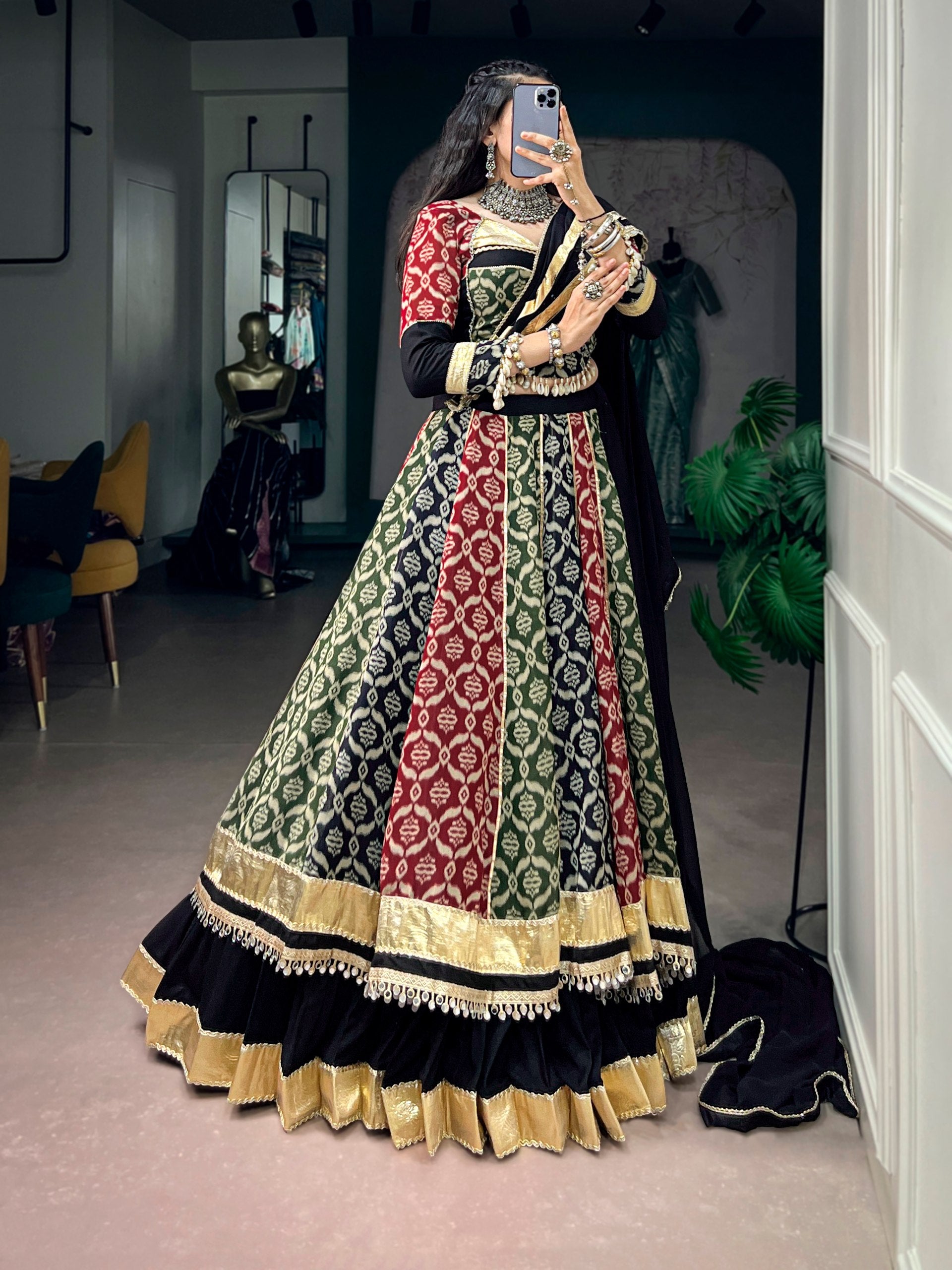 Zarvika Rayon Gamthi Work Gota Patti & Mirror Embellished Navratri Lehenga Choli