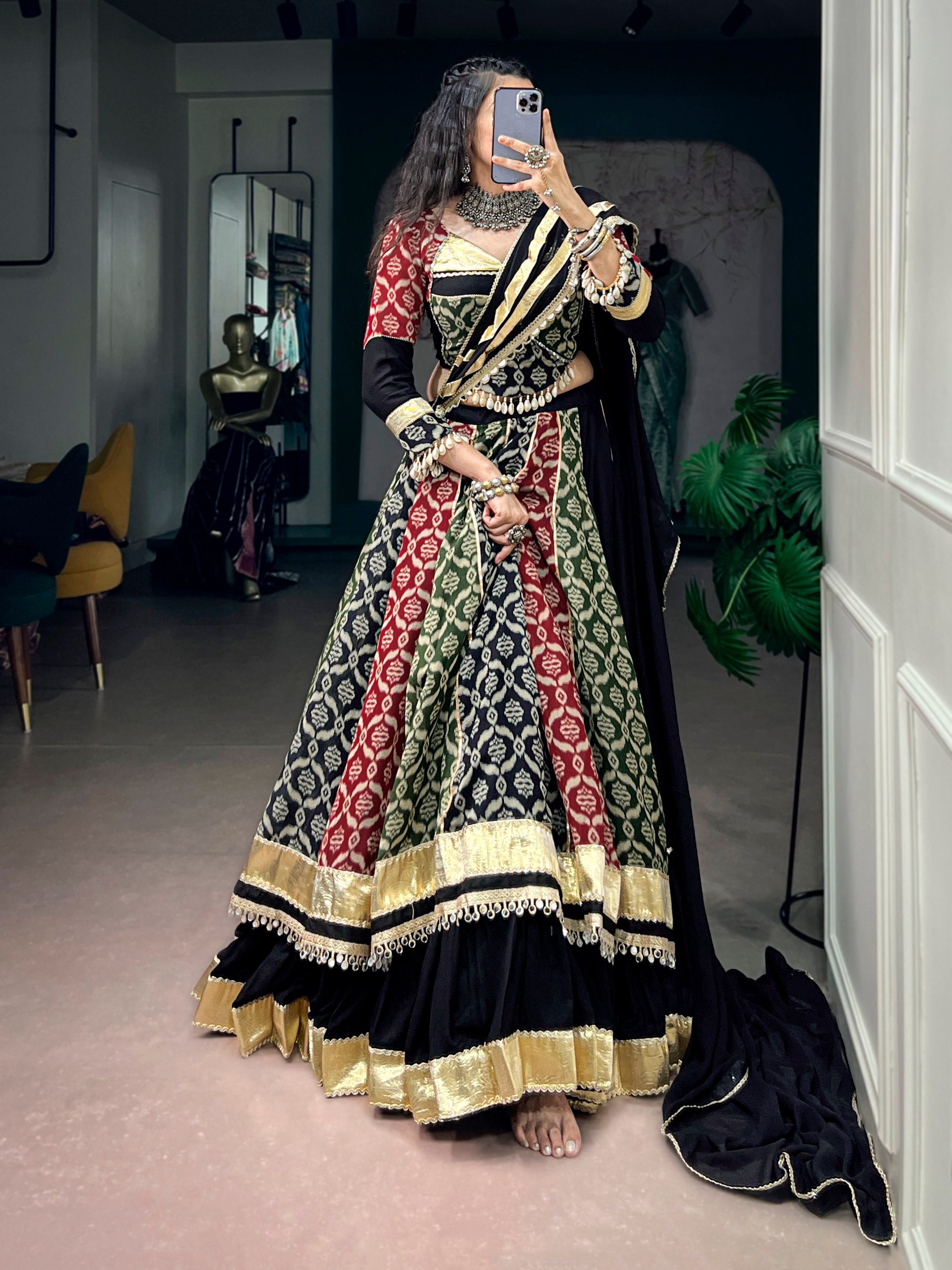 Zarvika Rayon Gamthi Work Gota Patti & Mirror Embellished Navratri Lehenga Choli