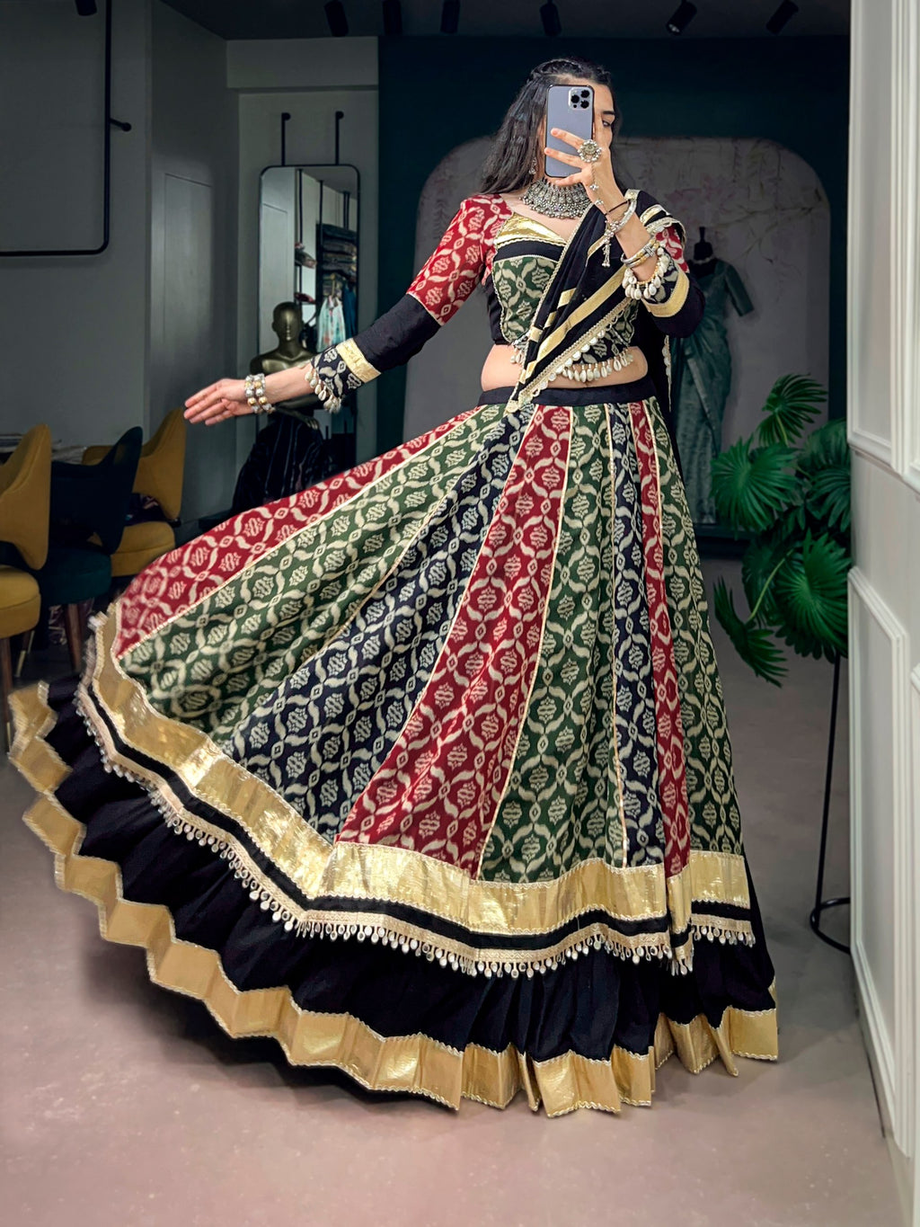 Zarvika Rayon Gamthi Work Gota Patti & Mirror Embellished Navratri Lehenga Choli